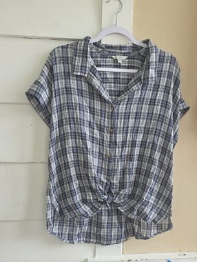 Lucky Brand Blue and Gray Plaid Button-Up Top
